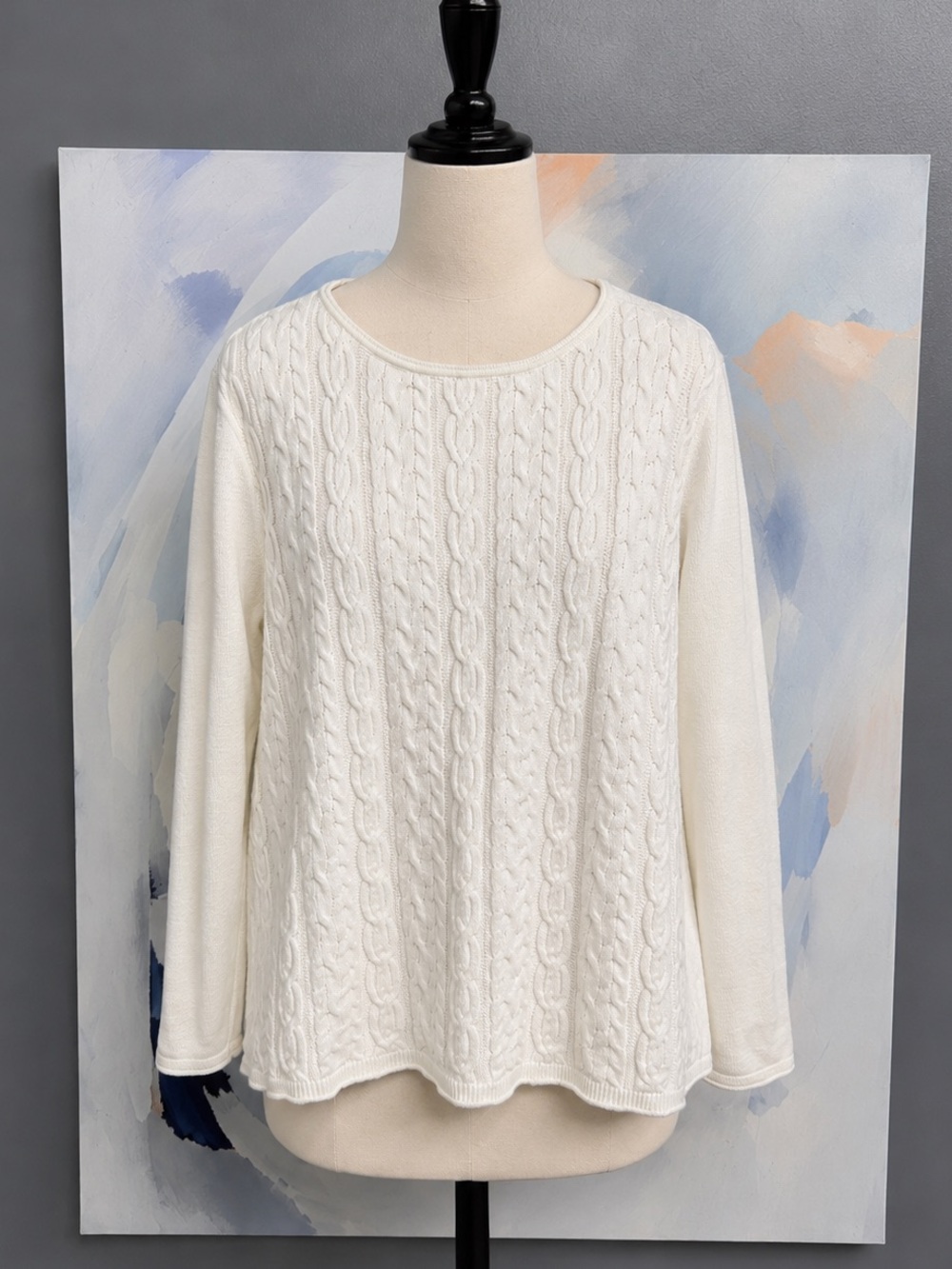 Karen Scott 100% Cotton Cable Knit Sweater Ivory White Crew Neck Women’s L
